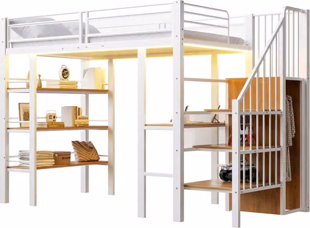 Letto a soppalco REDOM in metallo bianco con scala, scrivania e scaffali, dimensioni 90 x 200 cm