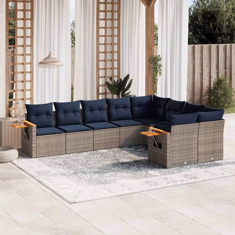 Set di divani da giardino vidaXL a forma di L composto da 9 pezzi in polyrattan con cuscini grigi e blu e tavolino da caffè per esterno