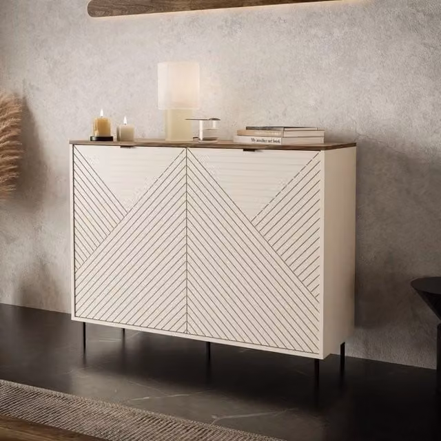 Credenza Mirage01 con 2 ante cashmere con motivo geometrico e top rovere