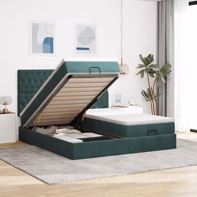 Letto con contenitore a sollevamento vidaXL in velluto verde e bianco con illuminazione sottostante e porta USB L/P/H: 203 x 200 x 280 cm – 1