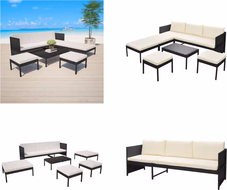 vidaXL Set di 6 pezzi per salotto da giardino con cuscini in poly rattan nero - Set di mobili da giardino - Set di mobili da giardino - Divano da giardino - Divani da giardino