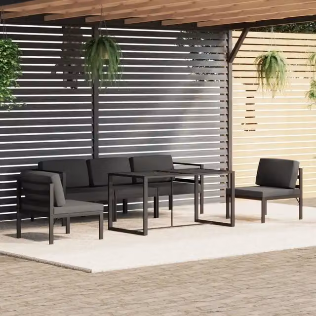 Set da giardino moderno vidaXL composto da 6 pezzi con struttura in alluminio antracite, divano angolare, elementi d'angolo, tavolino da caffè e cuscini imbottiti