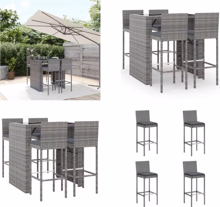 vidaXL Set bar da giardino 5 pezzi con cuscini in poly rattan grigio - Set bar da giardino - Set bar da giardino - Set bar da giardino - Bar da giardino