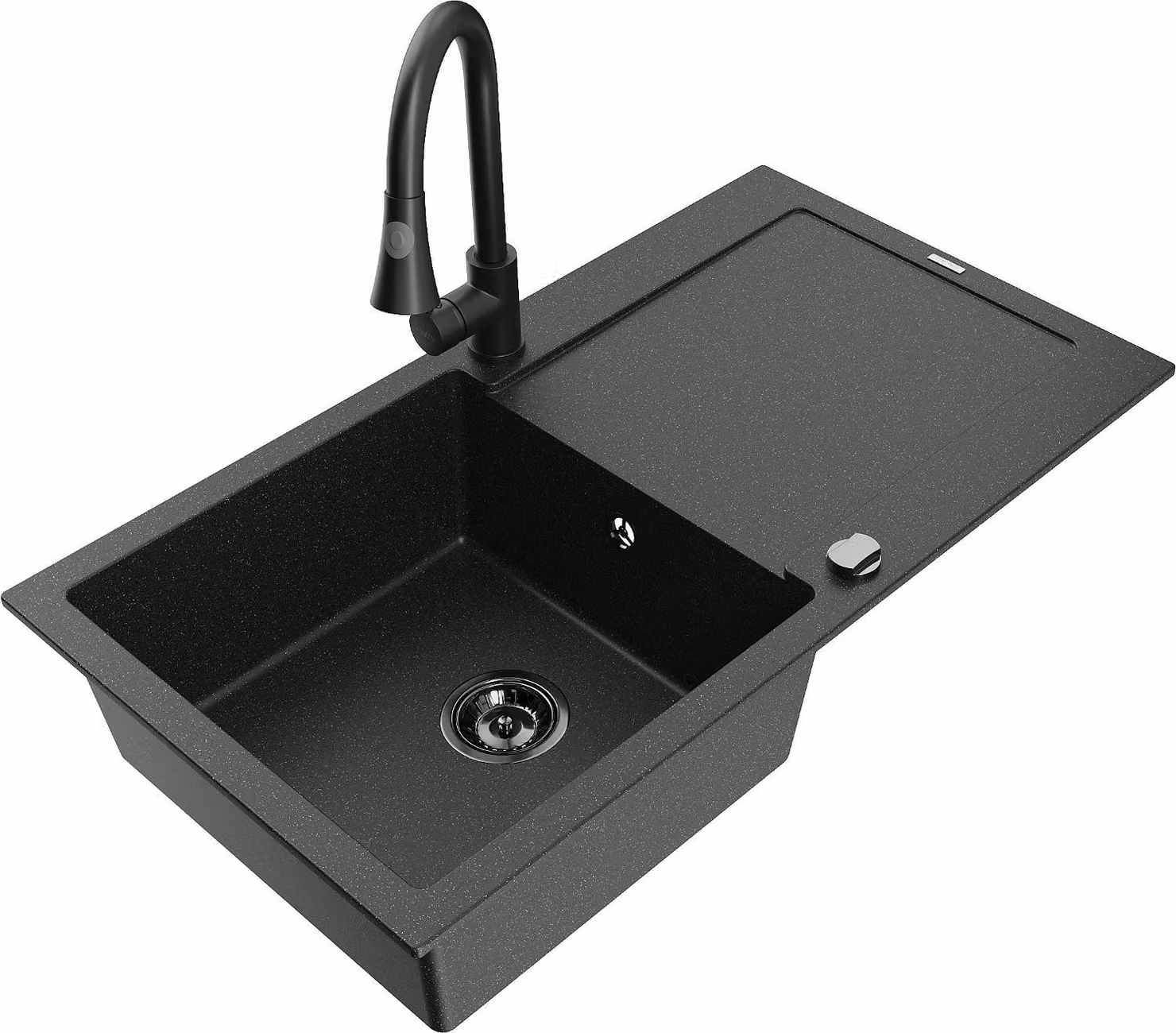 Mexen Leo lavello in granito a 1 vasca con sgocciolatoio e rubinetto da cucina Elia, nero/argento metallizzato