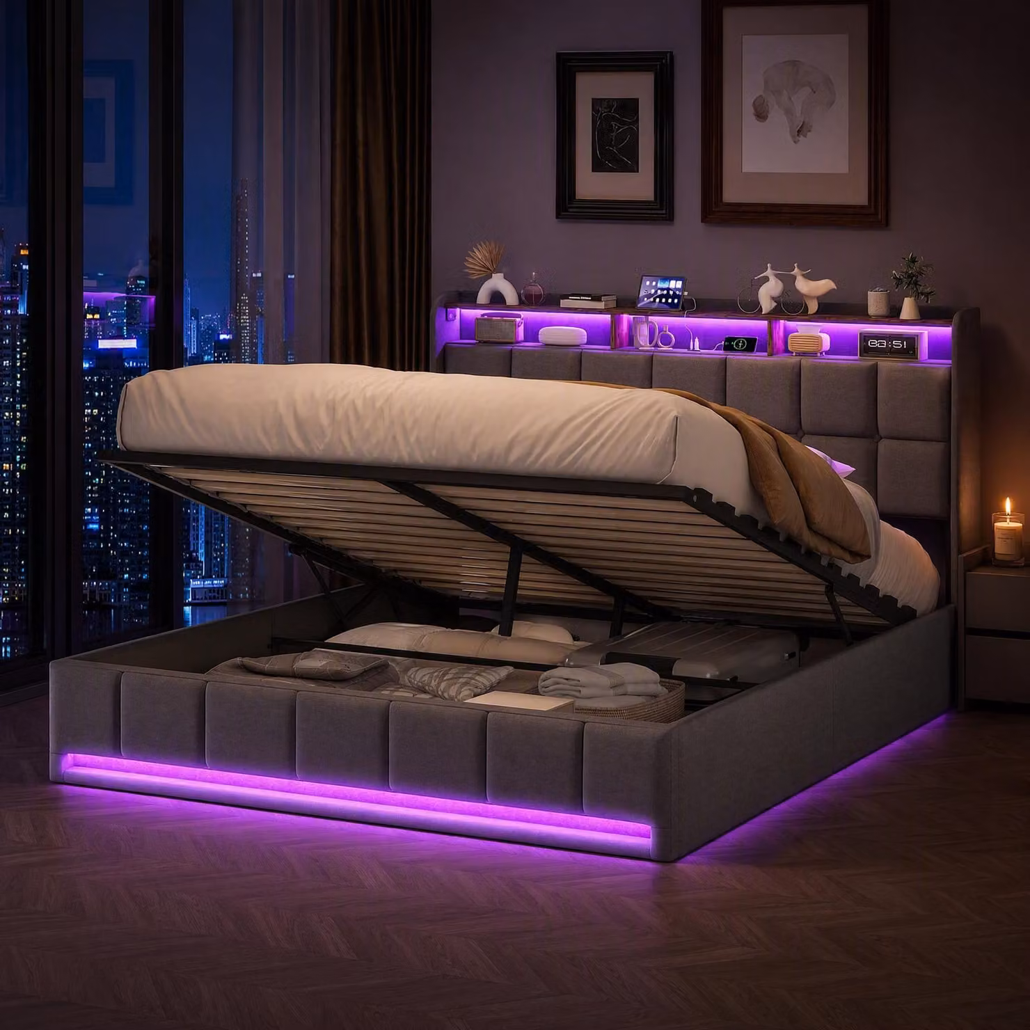 Letto imbottito UnboxG, modello con sistema di sollevamento idraulico, dimensioni 160x200 cm, dotato di luci LED, prese USB e di tipo-C per la ricarica, ampio spazio contenitivo, rete a doghe, rivestito in lino, colore grigio
