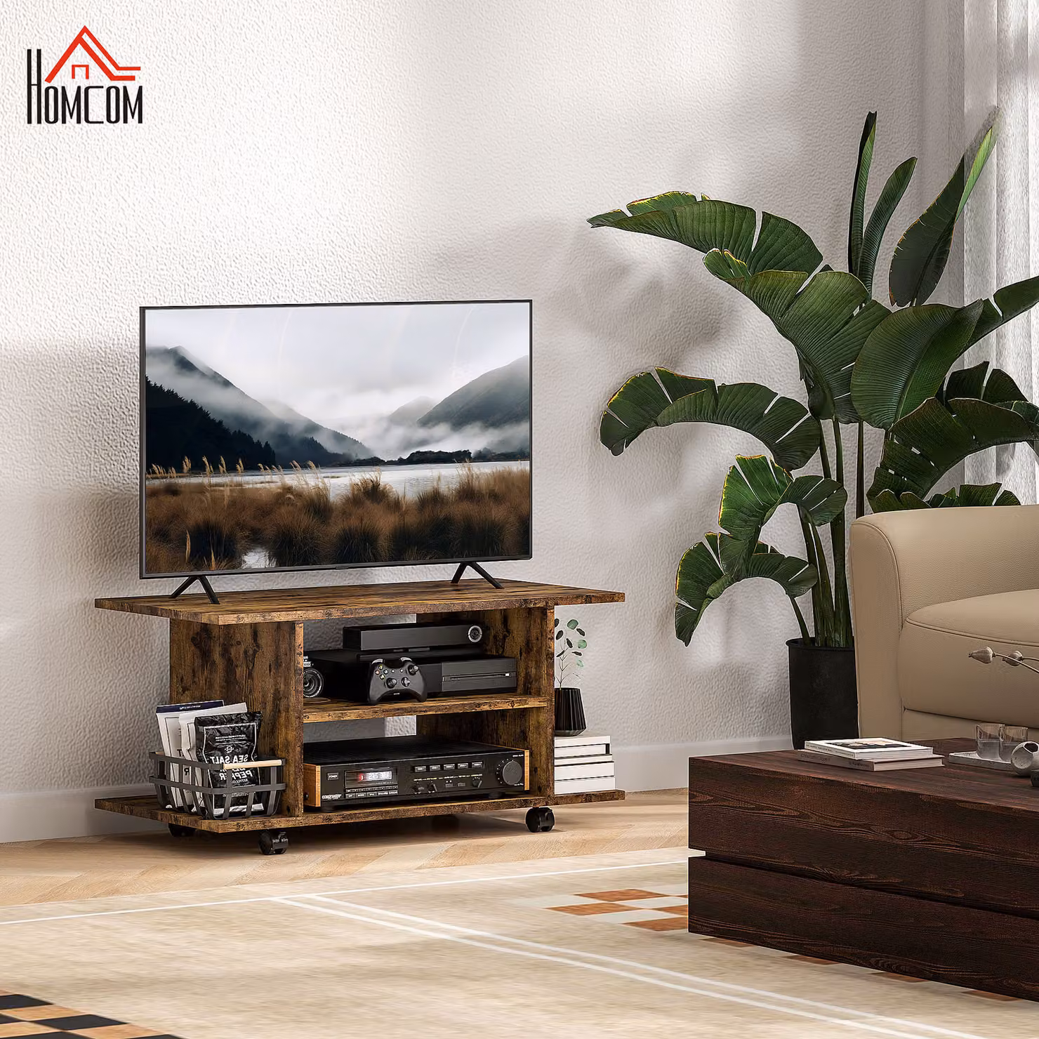 Mobile Porta TV Moderno HOMCOM con Ripiani e Ruote Girevoli, Marrone Rustico, L 80 cm x P 40 cm x H 40 cm – 2