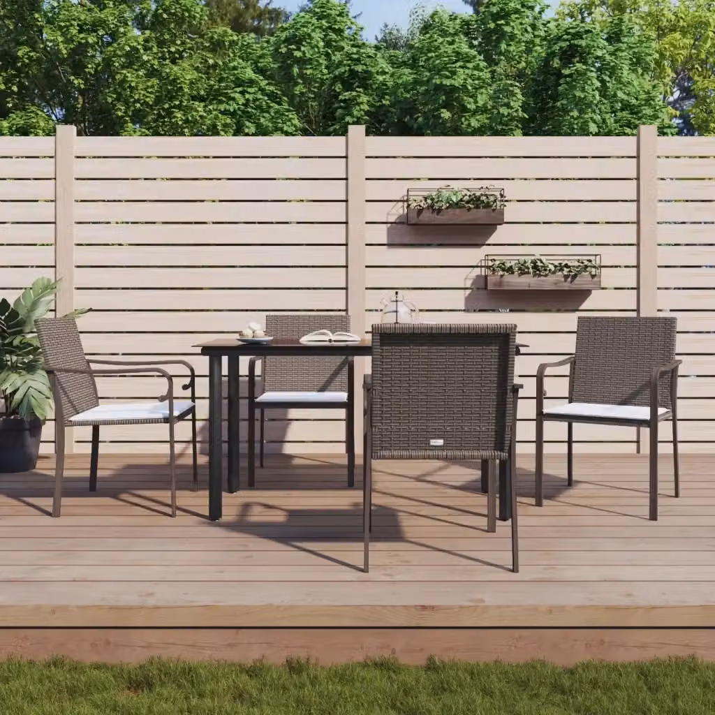 Set da Giardino Moderno in Polyrattan e Acciaio con Tavolo in Vetro e 5 Sedute con Cuscini – 2
