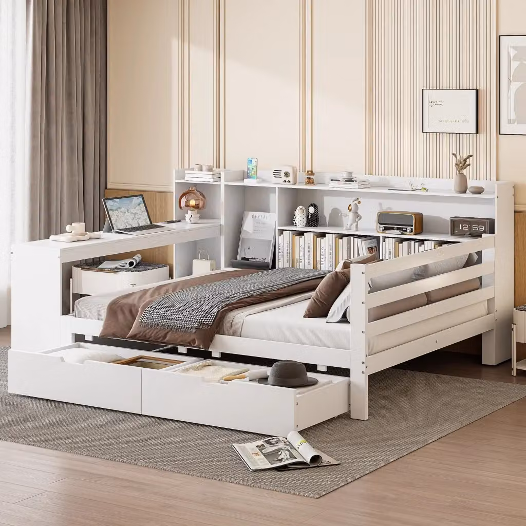 Letto matrimoniale moderno in legno bianco con scrivania, libreria, cassetti e prese USB, dimensioni L/P/H: 140 x 200 x 165 cm – 2