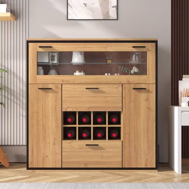 Credenza porta vini moderna in legno e vetro marrone con illuminazione a LED integrata