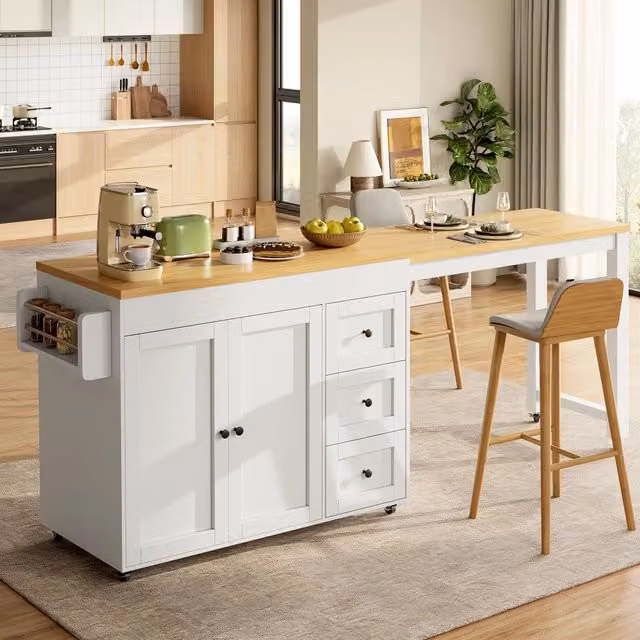 Isola da cucina estensibile REDOM bianca con 3 cassetti e ruote, L: 116-179,5 cm, P: 69,5 cm, H: 89 cm