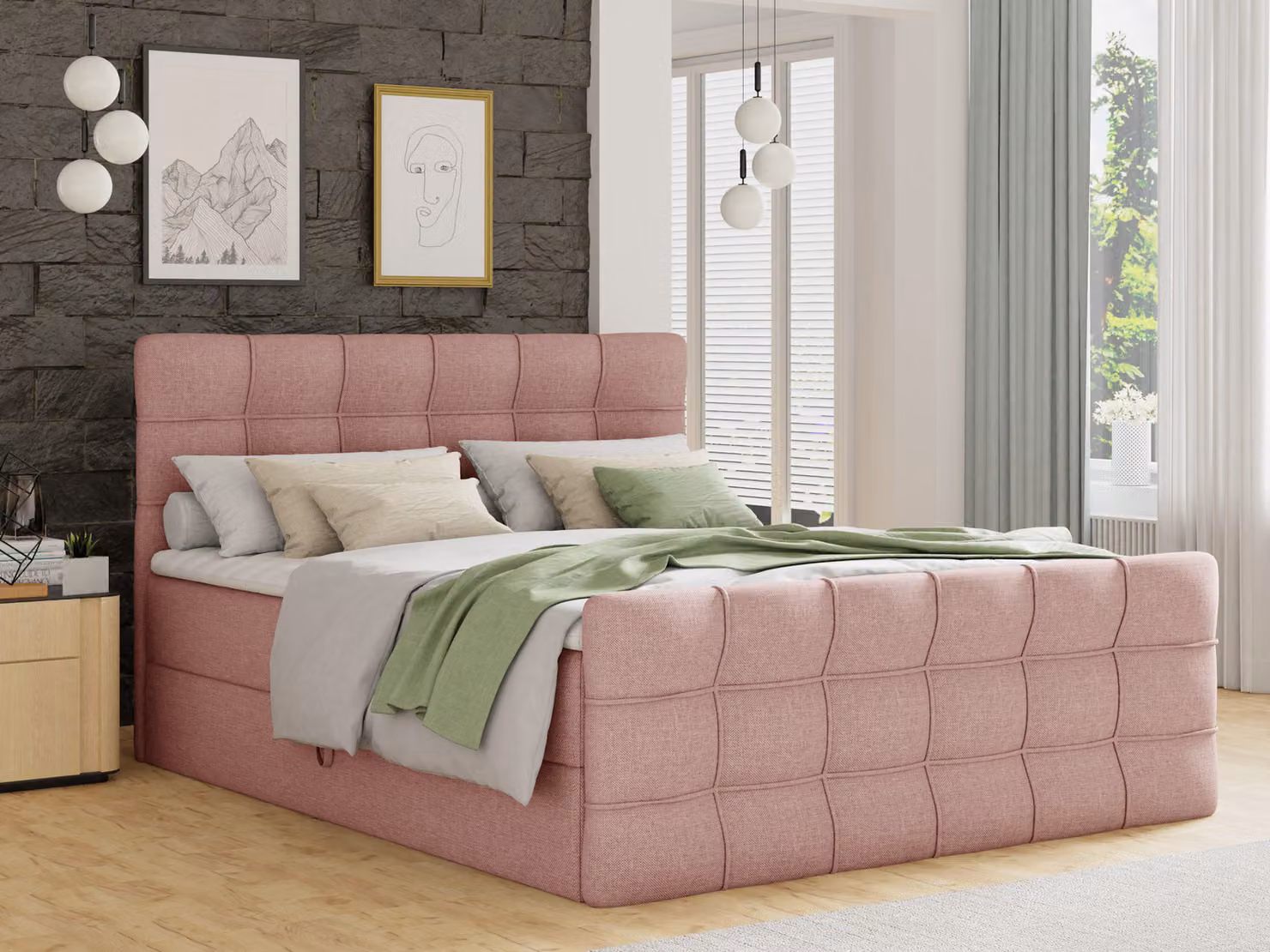 Letto boxspring Best Lux con pediera, 2 contenitori, materasso Bonell e topper (rosa (Inari 52), 140 x 200 cm)