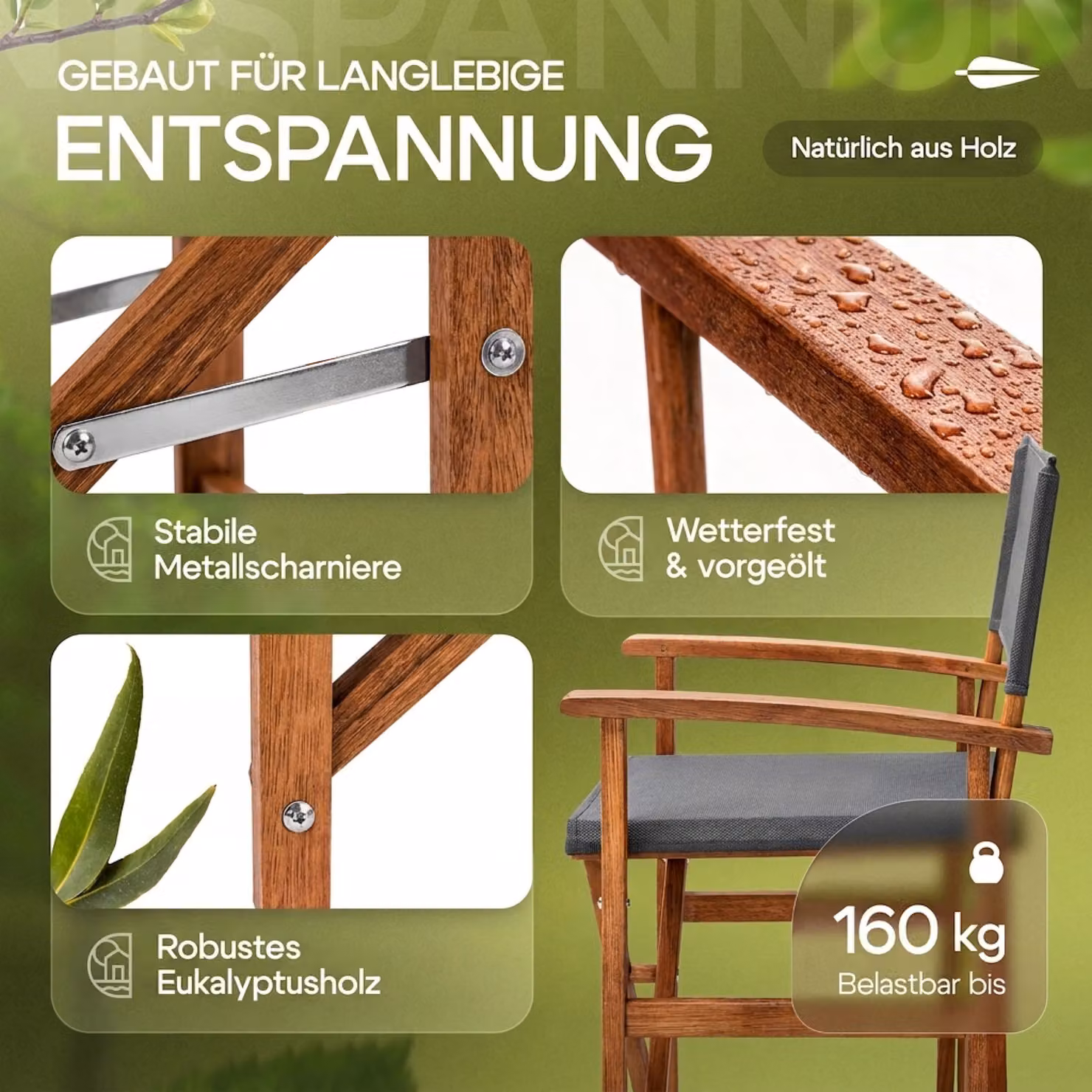 Set di 2 sedie da regista CASARIA in legno di eucalipto FSC certificato e tessuto antracite resistente ai raggi UV per esterno – 2