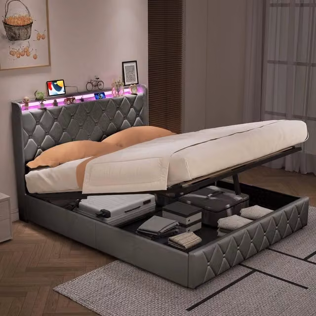 Letto Matrimoniale 140x200 cm; Letto Contenitore Idraulico Imbottito; Luci LED e Porta USB; Struttura Letto in Velluto; Grigio; Senza Materasso