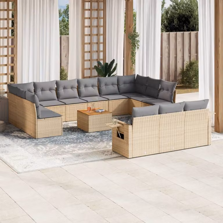 vidaXL Set Divani da Giardino a Forma di U in Polyrattan Beige con Cuscini e Tavolino da Esterno