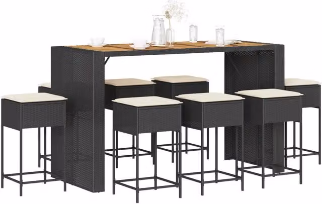 Set Bar da Giardino 9 pz con Cuscini in Polyrattan Nero 3261519