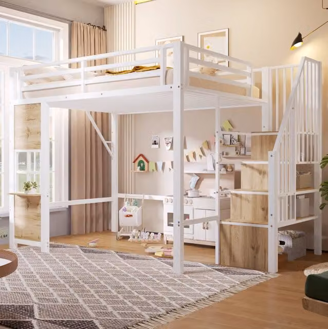 Letto a soppalco 140x200 cm bianco in metallo e MDF con scala contenitore