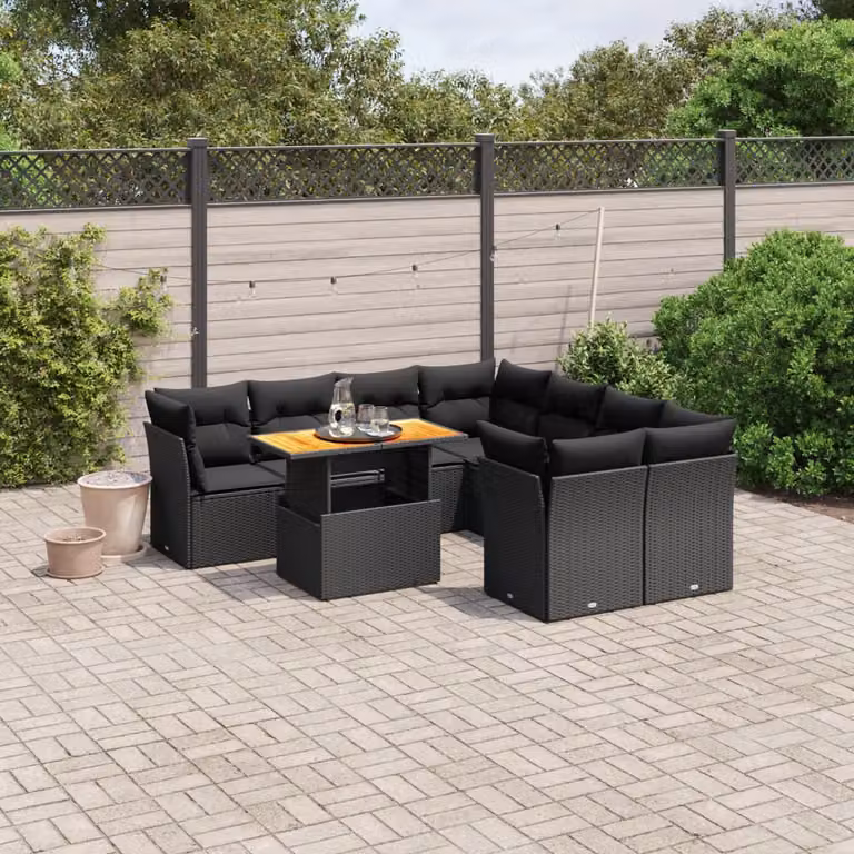 vidaXL Set Divani da Giardino a L 9 pz con Tavolino e Cuscini Nero in Polyrattan e Legno di Acacia