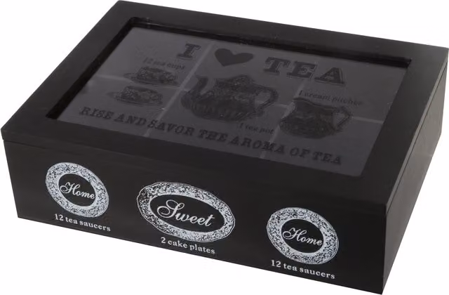 Scatola per tè I love tea con 6 scomparti in legno e vetro, colore nero – 1