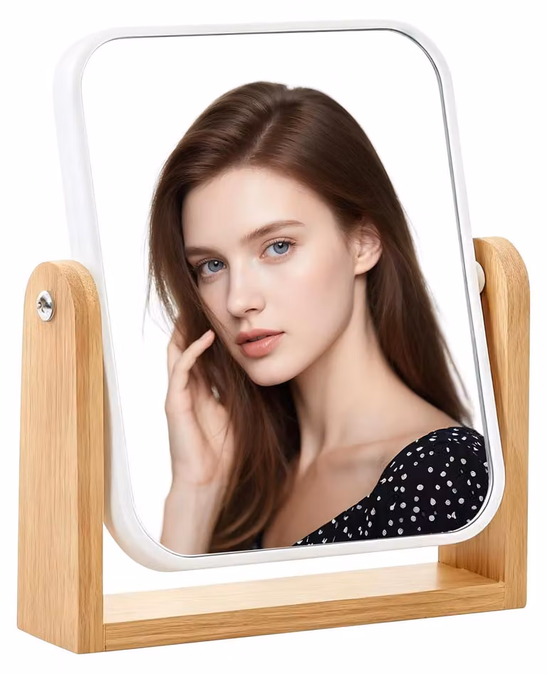 Specchio da trucco con ingrandimento 3X/1X, rotazione a 360°, alta definizione, forma rettangolare, cornice in legno