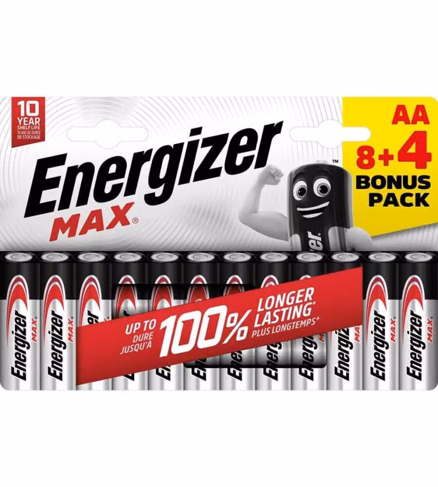 Energizer Batterie Alcaline AA 1,5V Multicolore Confezione 8+4