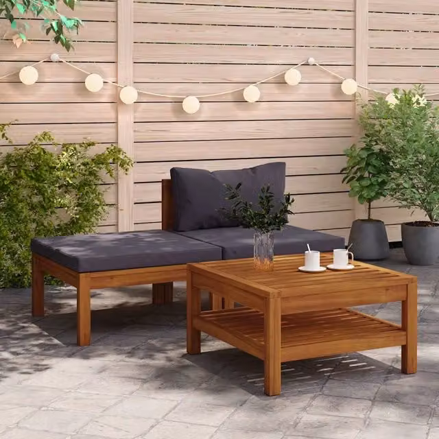 Set Salotto da Giardino DESIGN IN in Legno di Acacia con Divano a 3 Posti, Ottoman e Tavolino, Grigio