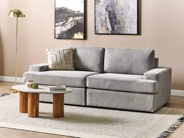 Divano Classico Beliani a 3 Posti in Tessuto Grigio con Struttura in Legno per Soggiorno L: 208 cm, P: 86 cm, H: 62 cm