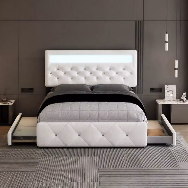 Letto matrimoniale imbottito 140x200 cm bianco con letto estraibile e 2 cassetti