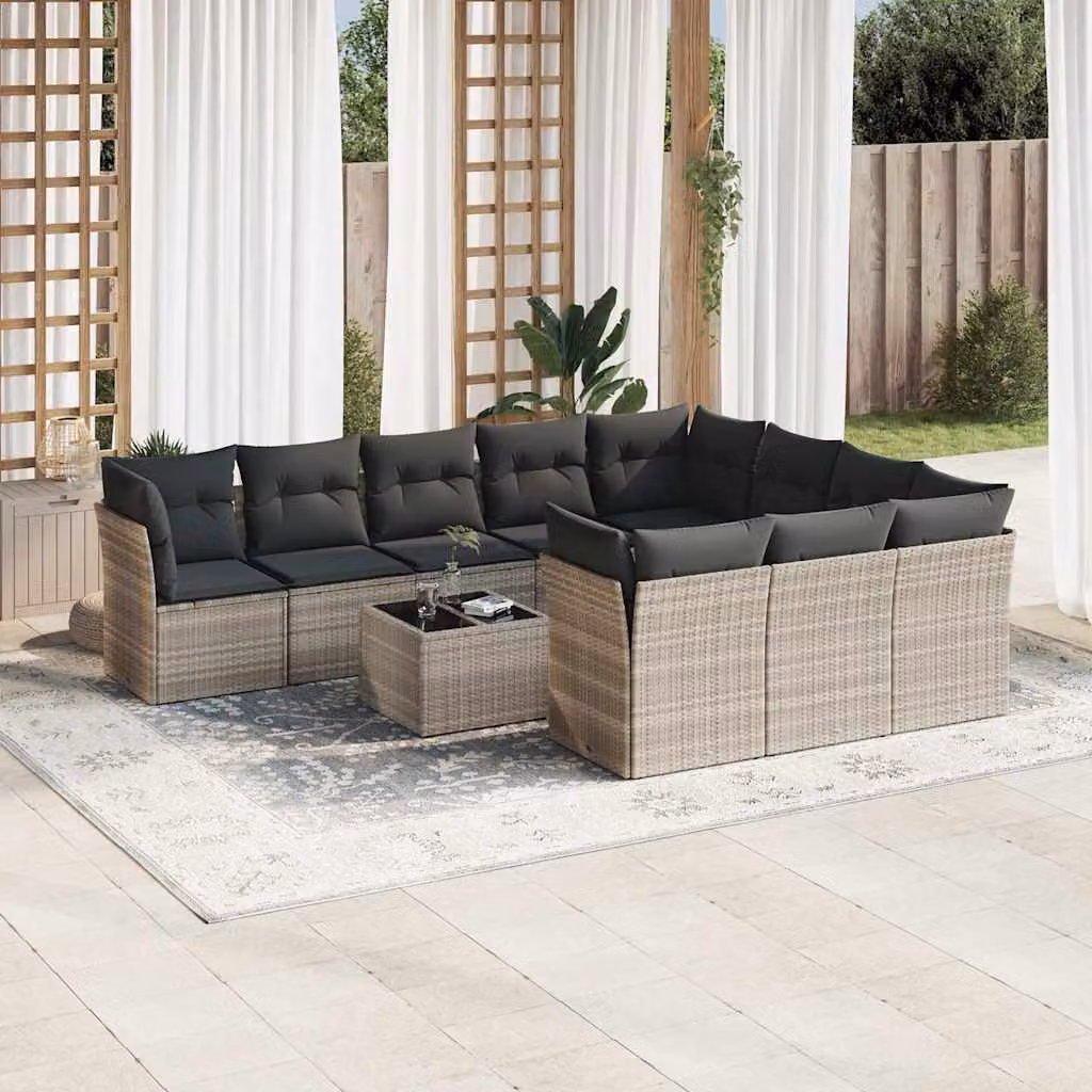 vidaXL Set Divani da Giardino 11 pz con Cuscini in Polyrattan e Tavolino da Esterno Grigio – 1