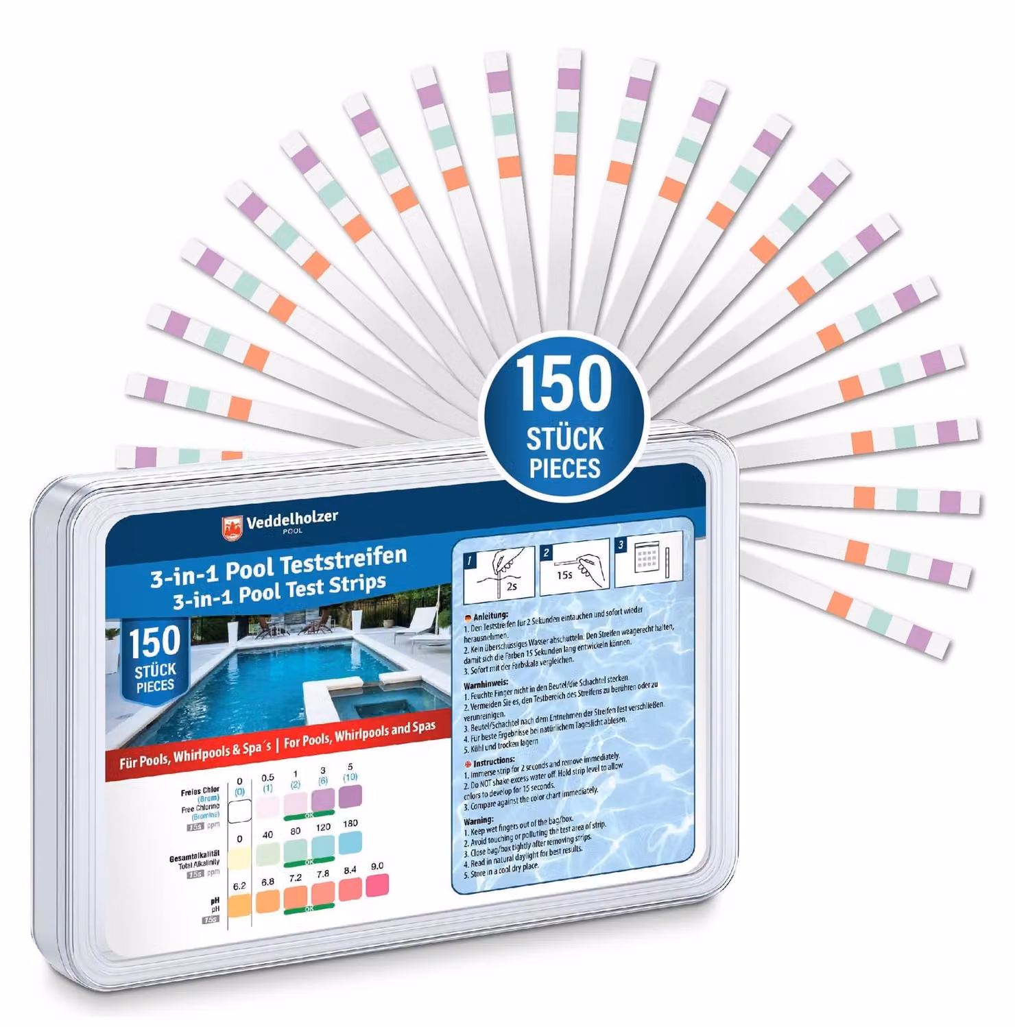Strisce reattive piscina - 3 in 1 - 150 pezzi - pH, cloro e alcalinità