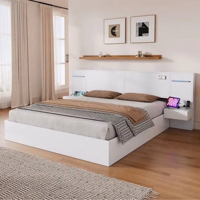 Letto matrimoniale 180x200cm - Zephmum - Legno, USB, Bluetooth, luce LED, comodini