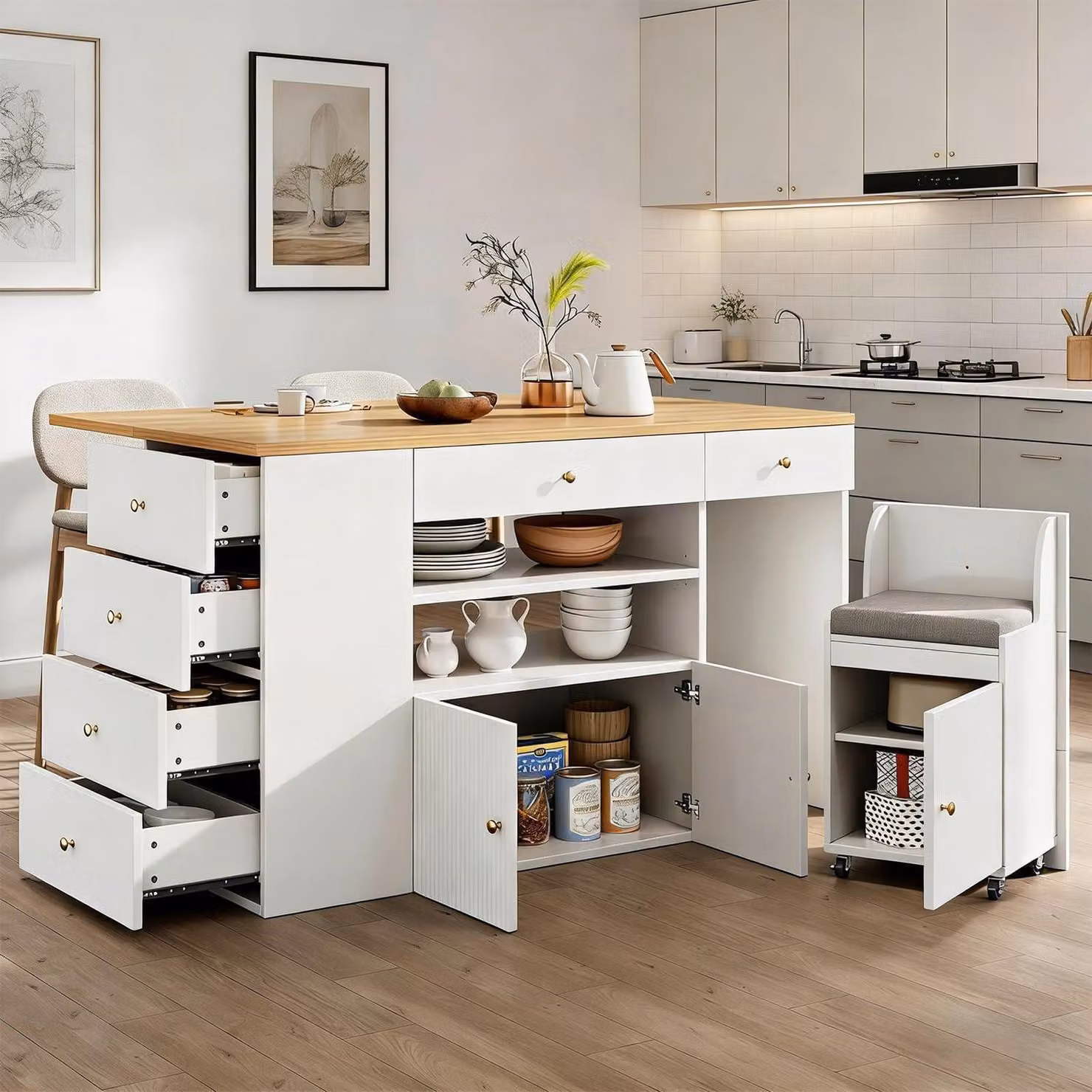 Isola da cucina con piano di lavoro e sgabelli, dimensioni 140x40(70)x89 cm, colore bianco