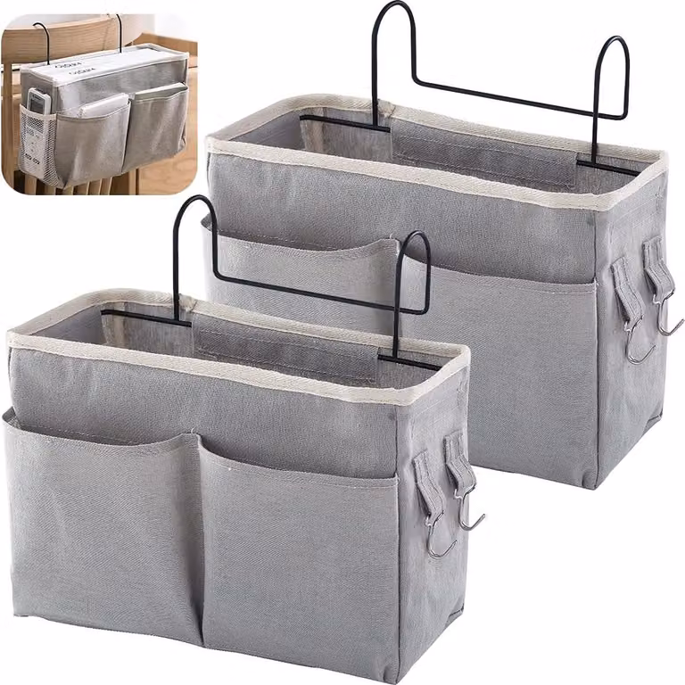 Set di 2 borse per il letto - Organizzatore per il letto - con ganci in metallo - Grigio