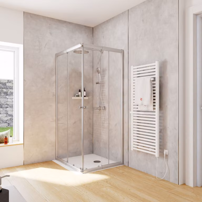 Cabina doccia Schulte Corner con ingresso angolare e porte scorrevoli, installazione su piatto doccia o piastrelle, vetro di sicurezza temperato da 4 mm, altezza: 180 cm, 90 x 75 cm, colore del profilo: argento, tipo di vetro: trasparente chiaro