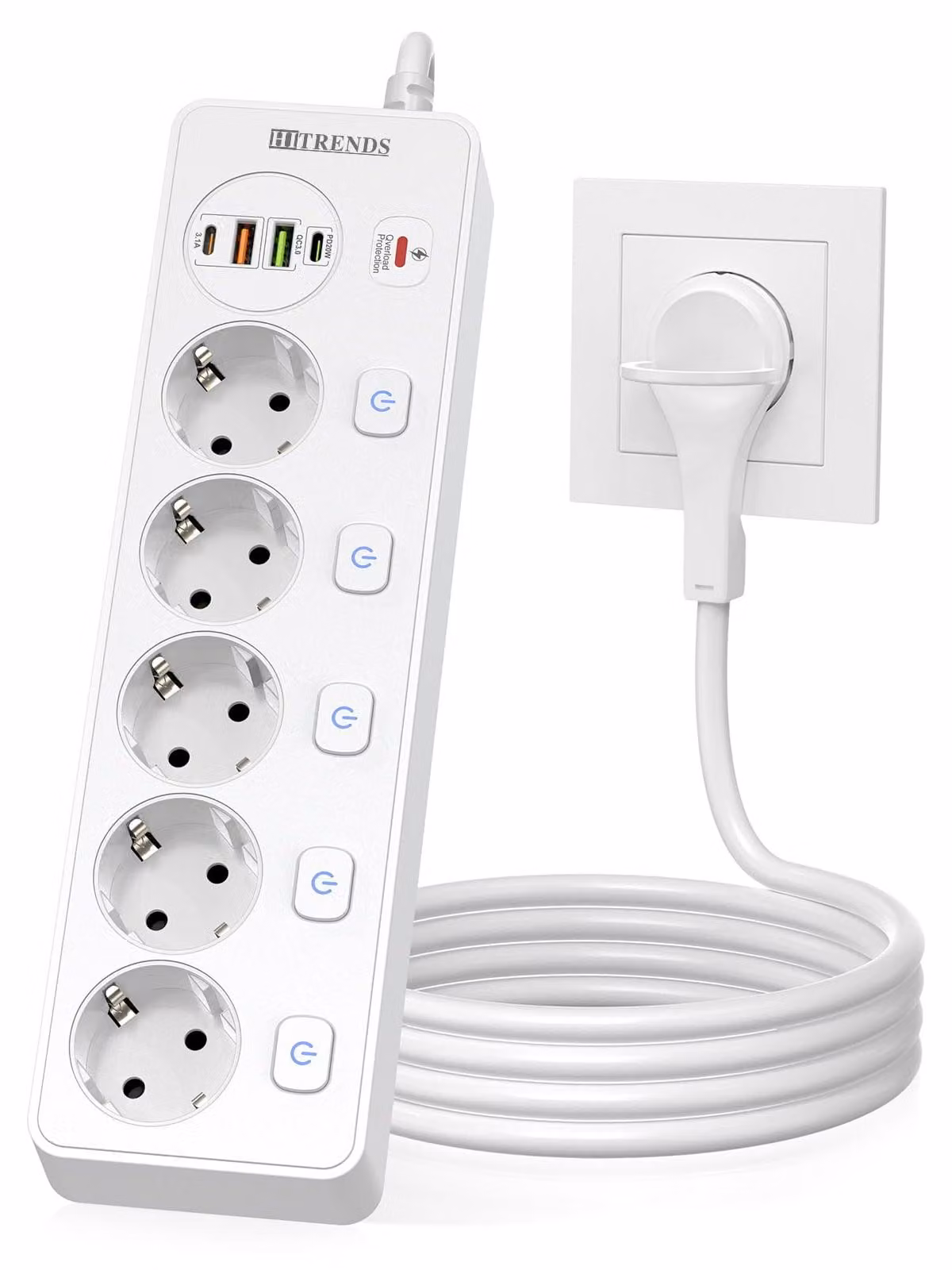 Ciabatta multipresa a 5 prese con porte USB e protezione da sovratensione, lunghezza 2 metri, colore bianco
