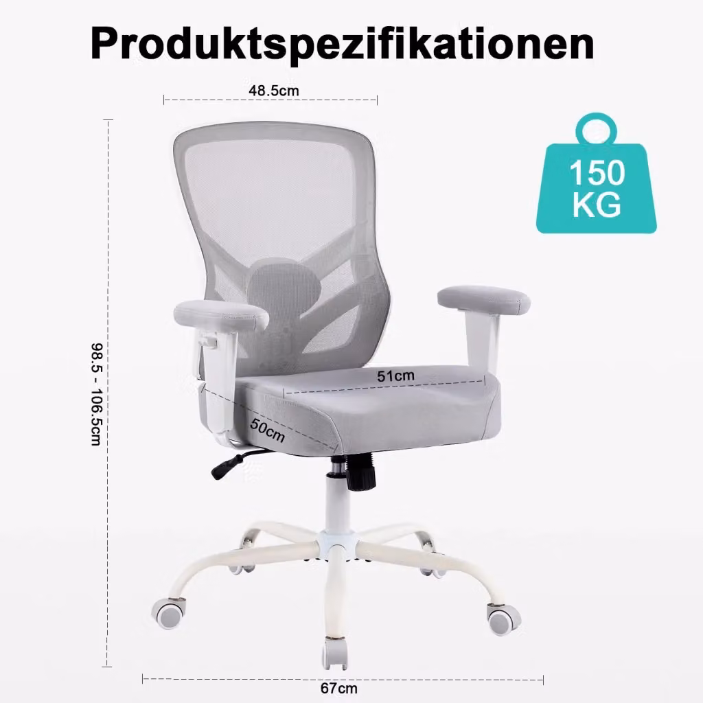 Sedia da ufficio ergonomica MODFU con braccioli e rivestimento in tessuto o pelle, grigia – 2