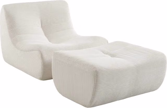 Poltrona moderna in velluto a coste con poggiapiedi coordinato Sweeek, colore beige e bianco