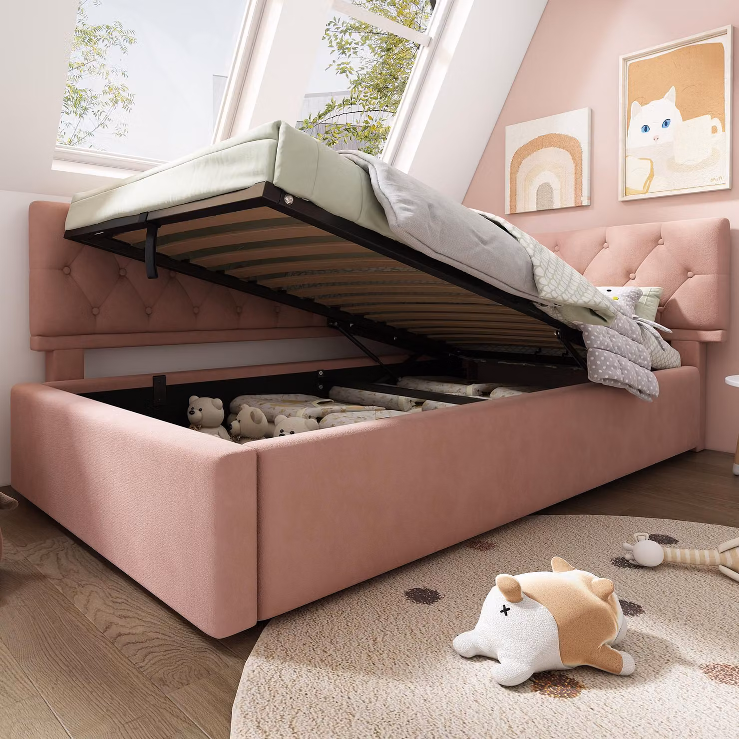 okwish Letto imbottito 90x190, letto pieghevole con contenitore idraulico, letto per bambini con rete a doghe in legno, velluto, senza materasso, rosa