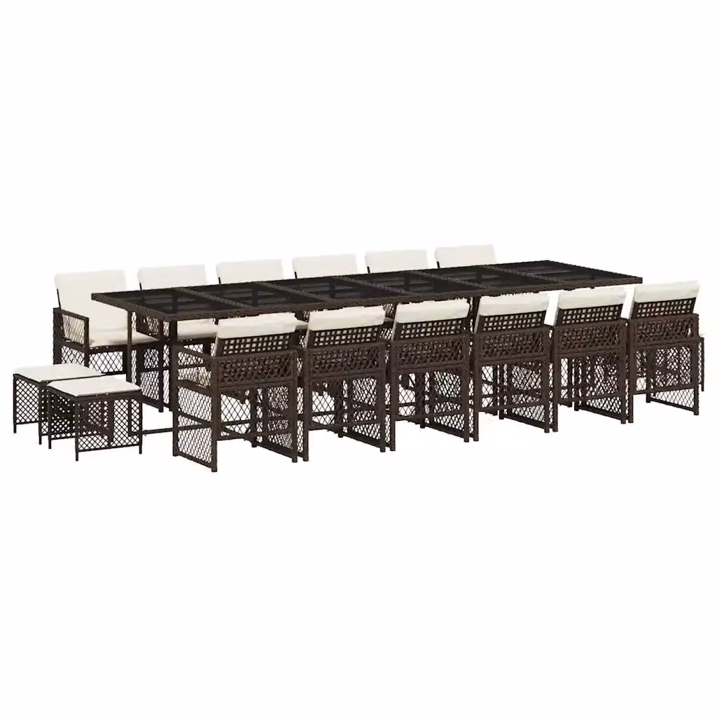 Set da pranzo da giardino vidaXL in polyrattan marrone e bianco con cuscini e tavolo in vetro, 17 pezzi – 2