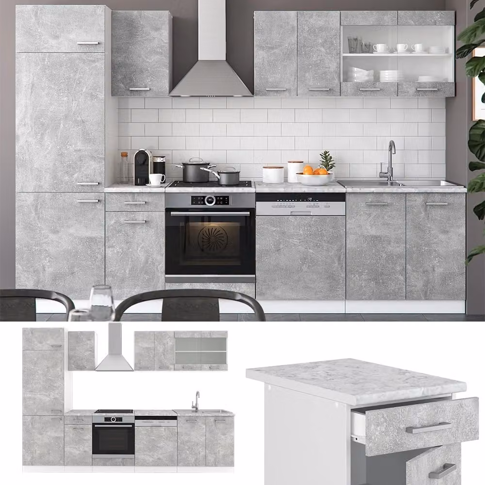 Cucina componibile moderna Vicco R-Line in bianco e grigio con dettagli rovere, L: 300 cm – 2