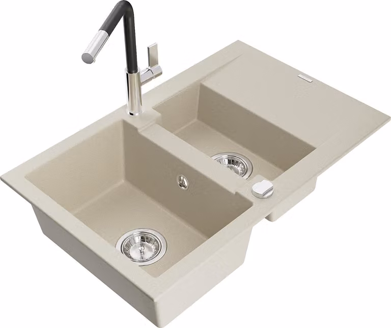 Mexen Gaspar lavello in granito 1,5 vasche con gocciolatoio e rubinetto da cucina Flora, beige - 6507-69-670401-07