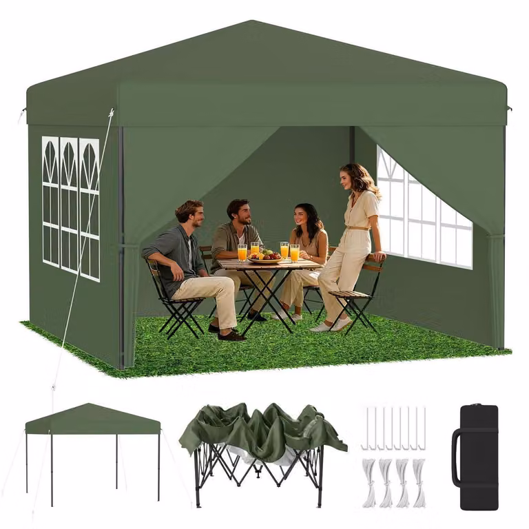 Padiglione pop-up, dimensioni 2,5x2,5 metri, colore verde, con sistema di sollevamento a un tocco, regolazione dell'altezza in 3 posizioni (240-260 cm), completo di pareti laterali e borsa per il trasporto