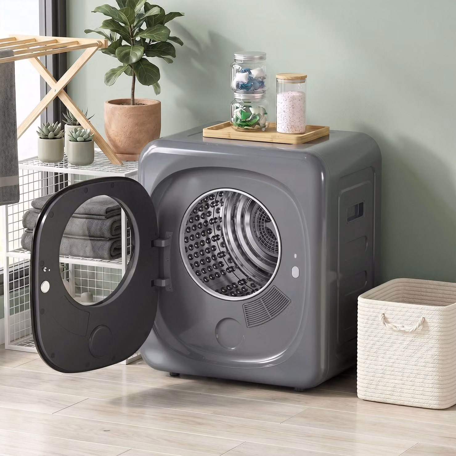 Asciugatrice compatta HOMCOM da 4 kg con 5 modalità e timer, Grigio, L 48 cm x P 43 cm x H 57 cm – 2