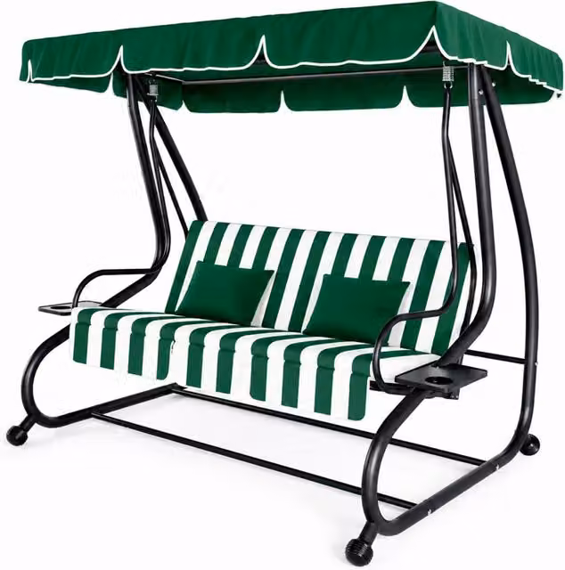 Dondolo Da Giardino 3 Posti Schienale Regolabile Tetto Ombreggiante Cuscinatura Comfort Imbottita Convertibile In Letto Per Esterno Balcone Patio 200 x 120 x 160 Cm Verde E Bianco