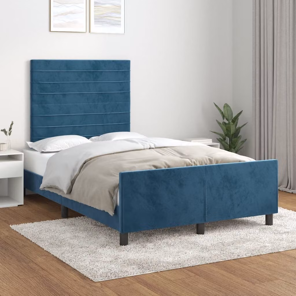 The Living Store Struttura letto con testiera in velluto blu scuro 120x200 cm