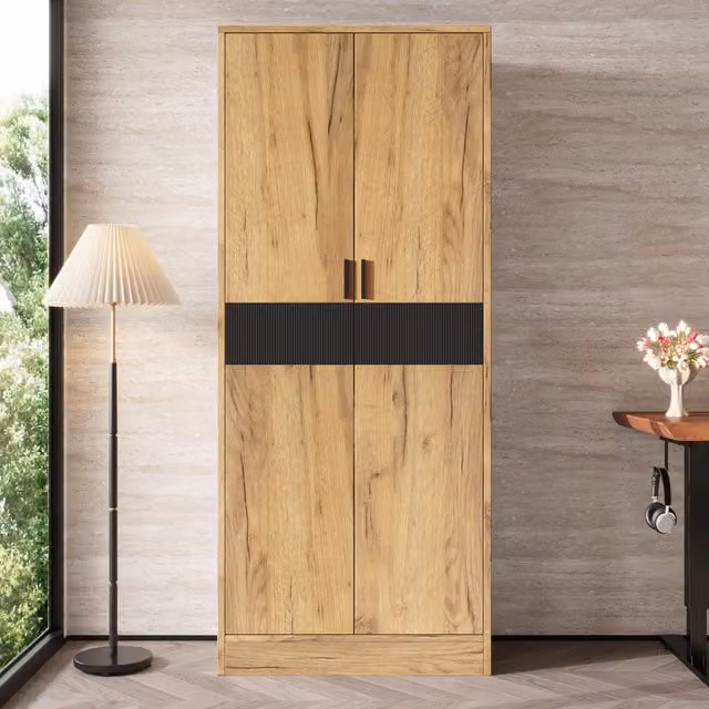 Armadio alto con 2 ripiani regolabili e ante ammortizzate in truciolato rovere per ufficio e soggiorno 60 × 35 × 160 cm