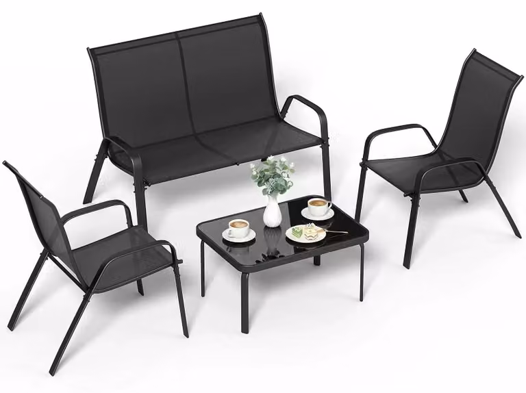 Set di mobili da giardino, 4 pezzi: set da salotto per balcone, composto da 2 sedie, 1 panca, 1 tavolo, struttura in metallo, tessuto Textilene, resistente agli agenti atmosferici per uso esterno, per 4 persone, pieghevole, colore nero, stile 1