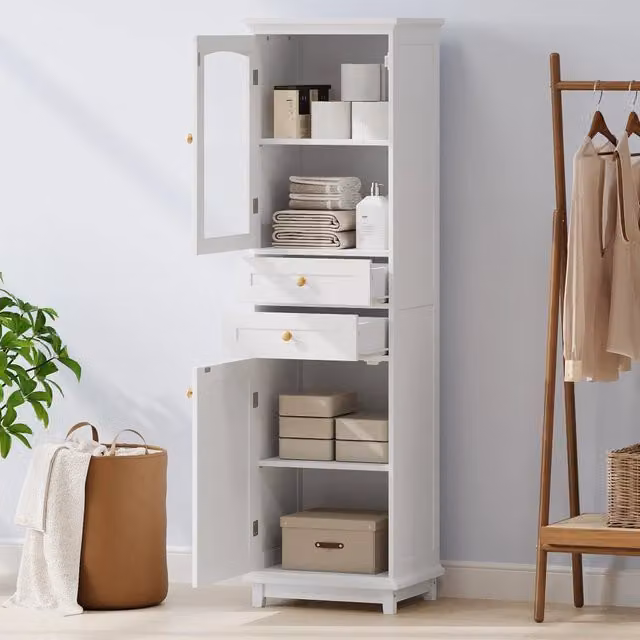 Armadietto da bagno OKWISH moderno in MDF e vetro bianco con ante in vetro, 2 cassetti e ripiani interni, L/P/H: 45 x 36 x 160 cm