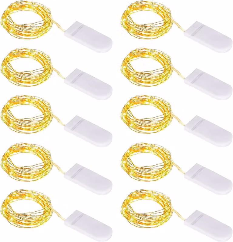 Catena luminosa, 1 metro, 10 LED bianco caldo, filo di rame, grado di protezione IP67, alimentazione a batteria