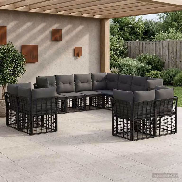 Set di divani da esterno a L vidaXL in stile moderno con struttura in metallo nero e cuscini grigi per giardino e terrazza