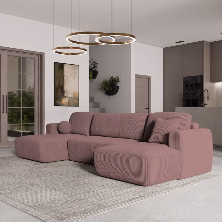 Divano angolare SENTUM P di Masseno con funzione letto a U, divano con box letto, divano da soggiorno, divano, divano letto, set di divani - viola, POSO 130